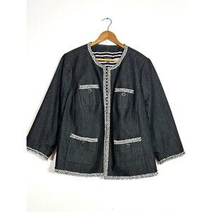 Talbots Black Tweed Trim Jacket Blazer Striped Lined Hook Eye Womens 20WP